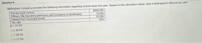 Question 8
Bellingham Company provided the following information regarding income taxes this year. Based on this information below, what is Bellingham's effective tax rate?
Pre-tax book income
Officers' life insurance premiums paid (company is beneficiary)
Interest from municipal bonds
Tax rate
A.31.5%
On 30.0%
OC 28.5%
OD 27.0%
$200,000
10,000
20,000
30%