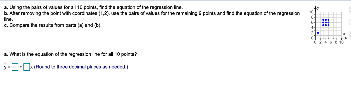 a. Using the pairs of values for all 10 points, find the equation of the regression line.
b. After removing the point with coordinates (1,2), use the pairs of values for the remaining 9 points and find the equation of the regression
Ay
10-
8-
line.
c. Compare the results from parts (a) and (b).
4-
X
0 2 4 6 8 10
a. What is the equation of the regression line for all 10 points?
V =
x (Round to three decimal places as needed.)
+

