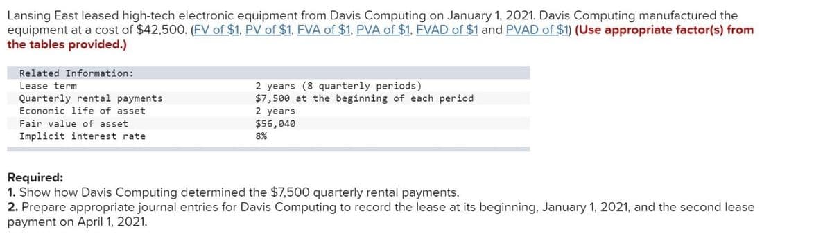 Lansing East leased high-tech electronic equipment from Davis Computing on January 1, 2021. Davis Computing manufactured the
equipment at a cost of $42,500. (FV of $1, PV of $1, FVA of $1, PVA of $1, FVAD of $1 and PVAD of $1) (Use appropriate factor(s) from
the tables provided.)
Related Information:
Lease term
Quarterly rental payments
Economic life of asset
Fair value of asset
Implicit interest rate
2 years (8 quarterly periods)
$7,500 at the beginning of each period
2 years
$56,040
8%
Required:
1. Show how Davis Computing determined the $7,500 quarterly rental payments.
2. Prepare appropriate journal entries for Davis Computing to record the lease at its beginning, January 1, 2021, and the second lease
payment on April 1, 2021.
