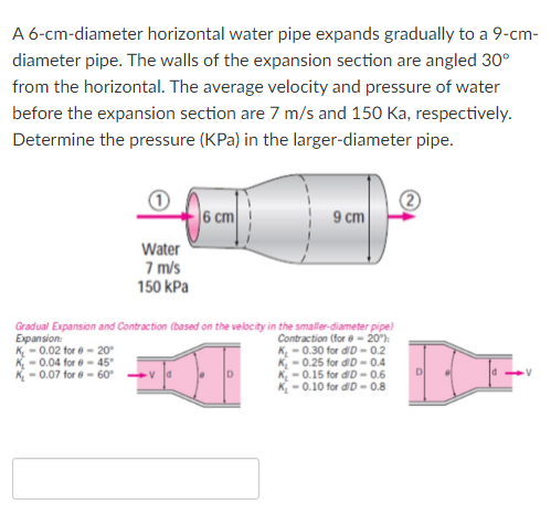 A 6-cm-diameter horizontal water pipe expands gradually to a 9-cm-
diameter pipe. The walls of the expansion section are angled 30°
from the horizontal. The average velocity and pressure of water
before the expansion section are 7 m/s and 150 Ka, respectively.
Determine the pressure (KPa) in the larger-diameter pipe.
6 cm
9 cm
Water
7 m/s
150 kPa
Expansion:
K, - 0.02 for e- 20
K, - 0.04 for e - 45°
K- 0.07 for e- 60
Gradual Expansion and Contraction (based on the velocity in the smaller-diameter pipe)
Contraction (for e - 20):
K, - 0.30 for diD - 0.2
K, -0.25 for d'D - 0.4
K, -0.15 for diD - 0.6
K, -0.10 for dD- 0.8
