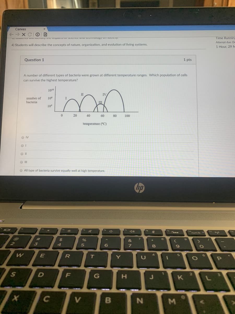 Canvas
Time Running
Attempt due: De
4) Students will describe the concepts of nature, organization, and evolution of living systems.
1 Hour, 29 M
Question 1
1 pts
A number of different types of bacteria were grown at different temperature ranges. Which population of cells
can survive the highest temperature?
1010
II
10
number of
bacteria
10
20
40
60
80
100
temperature (°C)
O IV
O III
O All type of bacteria survive equally well at high temperature.
hp
um k
%23
24
%
&
3
6.
E
T
OP
F
G
V
Σ
B
