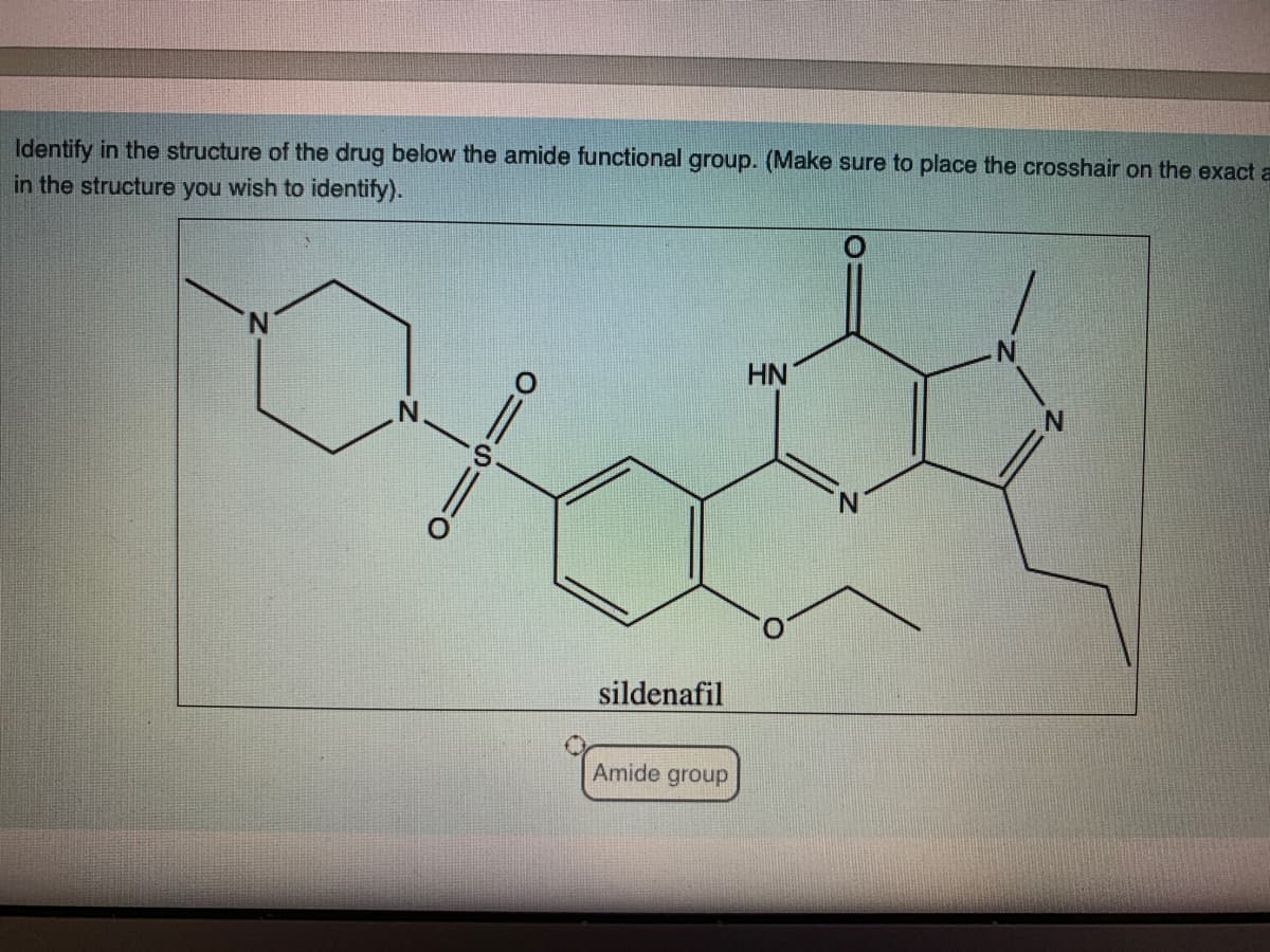 Identify in the structure of the drug below the amide functional group. (Make sure to place the crosshair on the exact a
in the structure you wish to identify).
HN
sildenafil
Amide group
