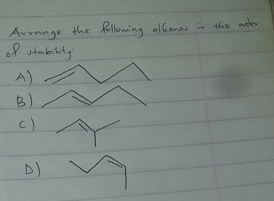 Avvange the following alfkenes n the ader
of utabihity
A)
B)
c)
D)
