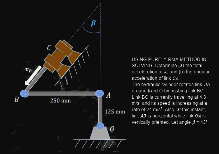 C
USING PURELY RMA METHOD IN
SOLVING. Determine (a) the total
acceleration at A, and (b) the angular
acceleration of link OA.
VB
The hydraulic cylinder rotates link OA
around fixed O by pushing link BC.
Link BC is currently travelling at 4.3
m/s, and its speed is increasing at a
125 mm rate of 24 m/s². Also, at this instant,
А
B
250 mm
link AB is horizontal while link OA is
vertically oriented. Let angle ß = 43°.
