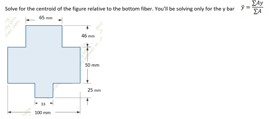 Solve for the centroid of the figure relative to the bottom fiber. You'll be solving only for the y bar y
65 mm
ng
tly proi
their own.
-
0154
33
100 mm
cial
46 mm
ria
50 mm
ding
25 mm
ΣΑΥ
ΣΑ