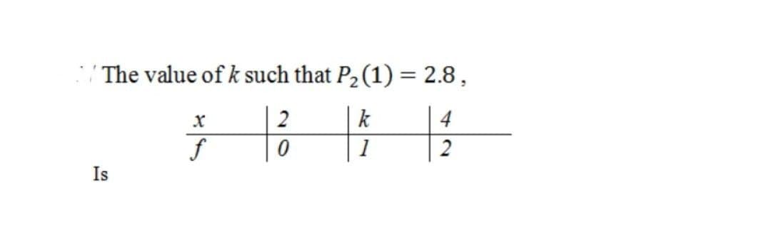 The value of k such that P2(1) = 2.8,
2
|k
4
1
2
Is
