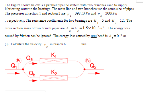 The Figure shown below is a parallel pipeline system with two branches used to supply
lubricating water to the bearings. The main line and two branches use the same size of pipes.
The pressures at section 1 and section 2 are p₁=398.1kPa and p₂=3
= 300kPa
, respectively. The resistance coefficients for two bearings are K₁₂=5 and K₂=12. The
1
b
cross section areas of two branch pipes are A = A=1.5x 10-4m². The energy loss
caused by friction can be ignored. The energy loss caused by one bend is h₂=0.2 m.
3
(8) Calculate the velocity v in branch b
K₁
K₂
m/s