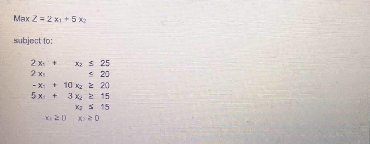 Max Z = 2 x₁ + 5 X2
subject to:
2 x₁ +
2 X₁
- X1
5 X₁ +
+ 10 x₂
X2 ≤ 25
≤ 20
>
20
3 x2 ≥
15
X2 ≤ 15
X2 ≥ 0
X₁ 20