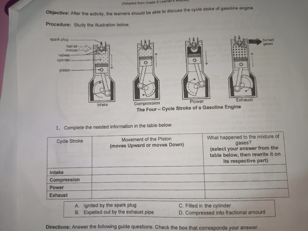 (Adopted from Grade 9 Learner's
Objective: After the activity, the learners should be able to discuss the cycle stoke of gasoline engine.
Procedure: Study the illustration below.
spark plug
fuel-air
burned
gases
mixture
valves
cylinder-
piston
Intake
Power
Compression
The Four - Cycle Stroke of a Gasoline Engine
1. Complete the needed information in the table below.
Cycle Stroke
Movement of the Piston
(moves Upward or moves Down)
Exhaust
What happened to the mixture of
gases?
(select your answer from the
table below, then rewrite it on
its respective part)
Intake
Compression
Power
Exhaust
A. Ignited by the spark plug
C. Filled ir. the cylinder
B. Expelled out by the exhaust pipe
D. Compressed into fractional amount
Directions: Answer the following guide questions: Check the box that corresponds your answer.