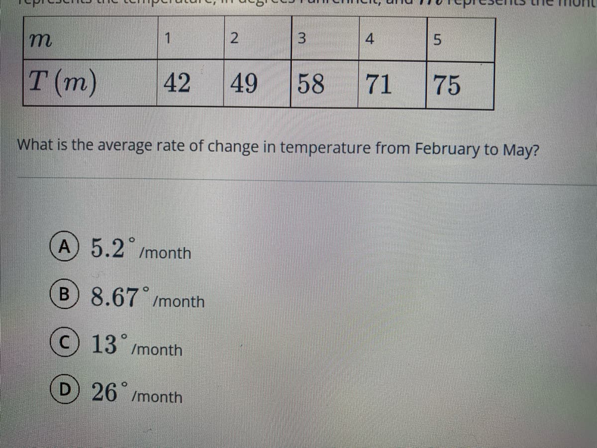 1
3.
4
T (m)
42
49
58
71
75
What is the average rate of change in temperature from February to May?
A
5.2 /month
B 8.67 /month
C) 13 /month
13°
D) 26 /month
