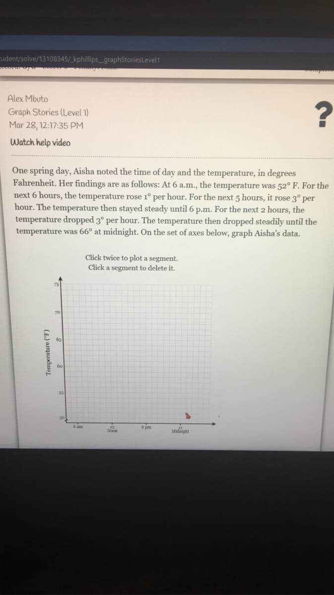 cudent/solve/13108345/_kphillips_graphStoriesLevel1
Alex Mbuto
Graph Stories (Level 1)
Mar 28, 12:17:35 PM
Watch help video
One spring day, Aisha noted the time of day and the temperature, in degrees
Fahrenheit. Her findings are as follows: At 6 a.m., the temperature was 52º F. For the
next 6 hours, the temperature rose 1° per hour. For the next 5 hours, it rose 3° per
hour. The temperature then stayed steady until 6 p.m. For the next 2 hours, the
temperature dropped 3° per hour. The temperature then dropped steadily until the
temperature was 66° at midnight. On the set of axes below, graph Aisha's data.
Click twice to plot a segment.
Click a segment to delete it.
70
65
6 am
6 pm
Midnight
Noom
Temperature (°F)
