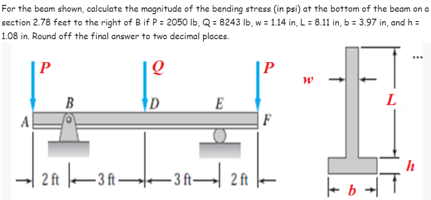 For the beam shown, calculate the magnitude of the bending stress (in psi) at the bottom of the beam on a
section 2.78 feet to the right of B if P = 2050 lb, Q = 8243 lb, w = 1.14 in, L = 8.11 in, b = 3.97 in, and h =
1.08 in. Round off the final answer to two decimal places.
P
Q
P
W
L
B
D
E
F
2 ft 3 ft———3 ft— 2 ft
къ
h