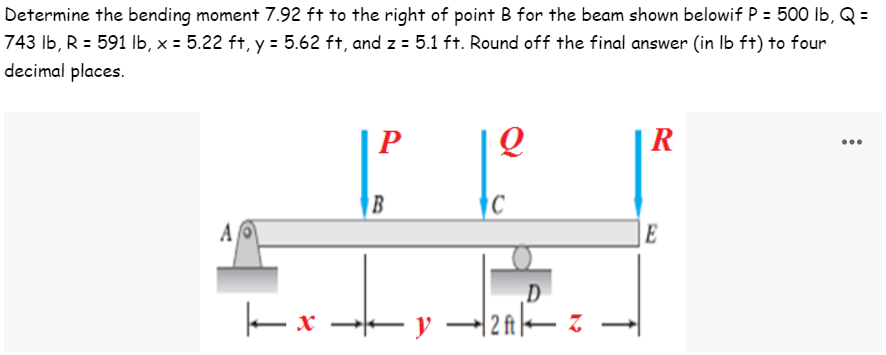 Determine the bending moment 7.92 ft to the right of point B for the beam shown belowif P = 500 lb, Q =
743 lb, R = 591 lb, x = 5.22 ft, y = 5.62 ft, and z = 5.1 ft. Round off the final answer (in lb ft) to four
decimal places.
P
Q
R
AO
|-x
B
C
y. 2A
D
Z
E
