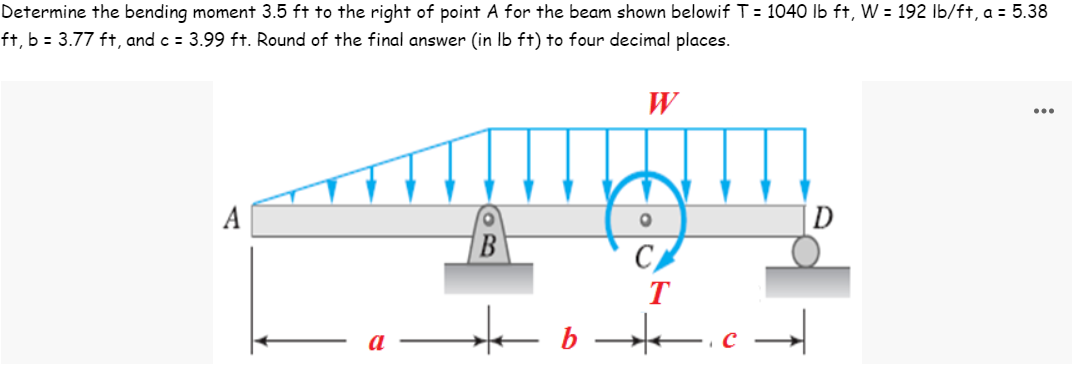 Determine the bending moment 3.5 ft to the right of point A for the beam shown belowif T = 1040 lb ft, W = 192 lb/ft, a = 5.38
ft, b = 3.77 ft, and c = 3.99 ft. Round of the final answer (in lb ft) to four decimal places.
W
...
B
O
C
T
b c