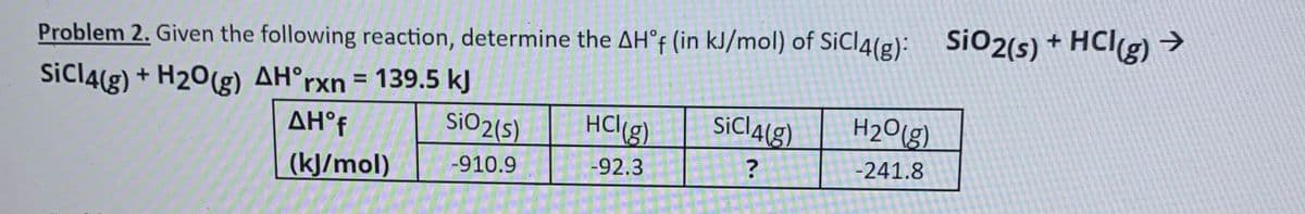 Problem 2. Given the following reaction, determine the AH°F (in kJ/mol) of SiCl4(g): SiO2(s) + HCI(g) >
+ H20(g) AH°rxn = 139.5 kJ
SiO2(s)
Sicl4(g)
%3D
AH°F
HC(g)
SiCl4(g)
H2O(g)
(kJ/mol)
-910.9
-92.3
?
-241.8
