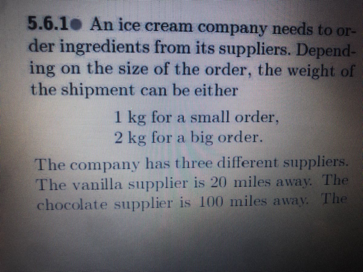5.6.1 An ice cream company needs to or-
der ingredients from its suppliers. Depend-
ing on the size of the order, the weight of
the shipment can be eit her
1 kg for a small order,
2 kg for a big order.
The
has three different suppliers.
compalhy
The vanilla supplier is 20 miles away. The
chocolate supplier is 100 miles awaV The
