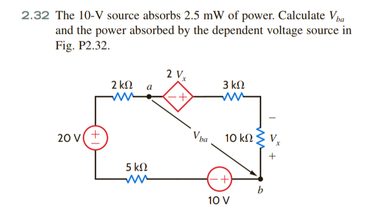2.32 The 10-V source absorbs 2.5 mW of power. Calculate Vpa
and the power absorbed by the dependent voltage source in
Fig. P2.32.
2 Vx
2 k.
3 kN
a
20 v(+
10 kN { V,
V pa
5 kN
+)
b
10 V
