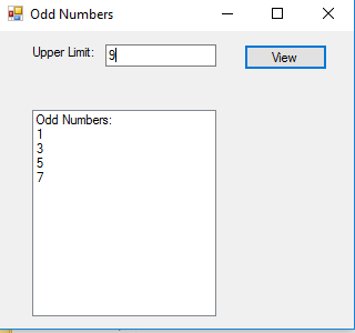 Odd Numbers
Upper Limit: 9
View
Odd Numbers:
1
-357
