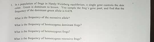 In a population of frogs in Hardy-Weinberg equilibrium, a single gene controls the skin
lor. Green is dominant to brown. You sample the frog's gene pool, and find that the
frequency of the daminant green allele is 0.678.
What is the froquency of the recessive allele?
What is the frequency of homozygous dominant frogs?
What is the frequency of heterozygous frogs?
What is the frequency of homozygous recessive frogs?

