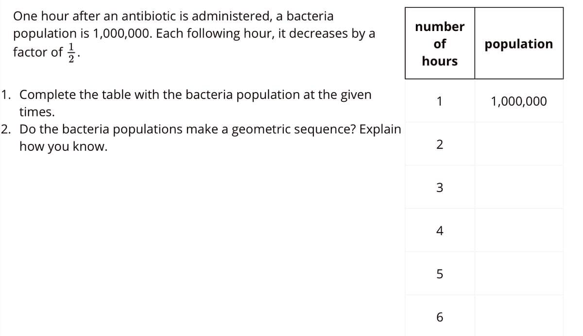 One hour after an antibiotic is administered, a bacteria
number
population is 1,000,000. Each following hour, it decreases by a
factor of .
of
population
hours
1. Complete the table with the bacteria population at the given
1
1,000,000
times.
2. Do the bacteria populations make a geometric sequence? Explain
how you know.
3
4
5
6.
