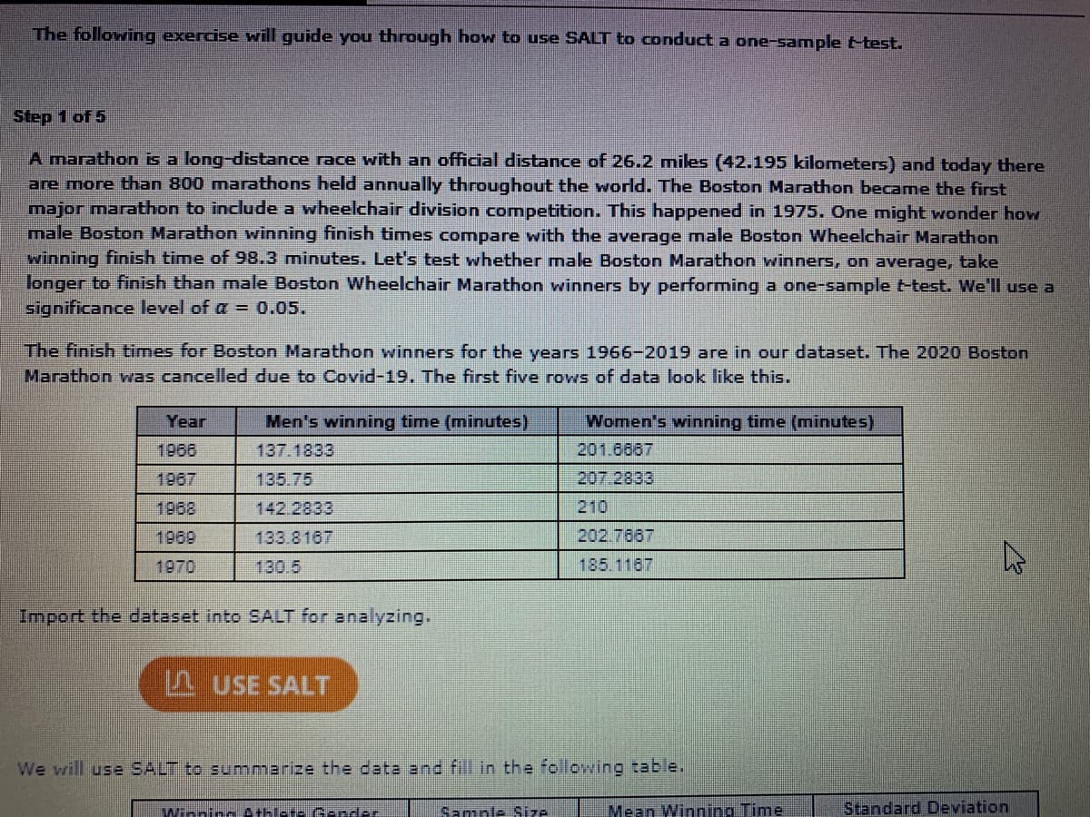 The following exercise will guide you through how to use SALT to conduct a one-sample t-test.
Step 1 of 5
A marathon is a long-distance race with an official distance of 26.2 miles (42.195 kilometers) and today there
are more than 800 marathons held annually throughout the world. The Boston Marathon became the first
major marathon to include a wheelchair division competition. This happened in 1975. One might wonder how
male Boston Marathon winning finish times compare with the average male Boston Wheelchair Marathon
winning finish time of 98.3 minutes. Let's test whether male Boston Marathon winners, on average, take
longer to finish than male Boston Wheelchair Marathon winners by performing a one-sample t-test. We'll use a
significance level of a = 0.05.
The finish times for Boston Marathon winners for the years 1966-2019 are in our dataset. The 2020 Boston
Marathon was cancelled due to Covid-19. The first five rows of data look like this.
Year
Men's winning time (minutes)
Women's winning time (minutes)
1968
137.1833
201.6667
1967
135.75
207.2833
1968
142.2833
210
1969
133.8167
202.7667
1970
130.5
185.1187
Import the dateset into SALT for analyzing.
P USE SALT
We will use SALT to summarize the data and fill in the following table.
Winning Athlete Gsndar
Sample Size
Mean Winning Time
Standard Deviation
