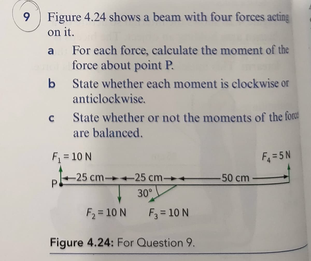 9.
Figure 4.24 shows a beam with four forces acting
on it.
For each force, calculate the moment of the
force about point P.
a
State whether each moment is clockwise or
anticlockwise.
C
State whether or not the moments of the force
are balanced.
F, = 10 N
F4 = 5N
-25 cm-
-25 cm-
-50 cm
30°
F2 = 10 N
F3 = 10 N
Figure 4.24: For Question 9.
