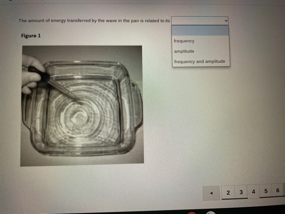 The amount of energy transferred by the wave in the pan is related to its
Figure 1
frequency
amplitude
frequency and amplitude
3
4
6.
