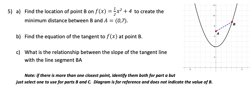 12
5) a) Find the location of point B on f (x) = ;x² + 4 to create the
10
minimum distance between B and A = (0,7).
b) Find the equation of the tangent to f (x) at point B.
c) What is the relationship between the slope of the tangent line
with the line segment BA
Note: if there is more than one closest point, identify them both for part a but
just select one to use for parts B and C. Diagram is for reference and does not indicate the value of B.
