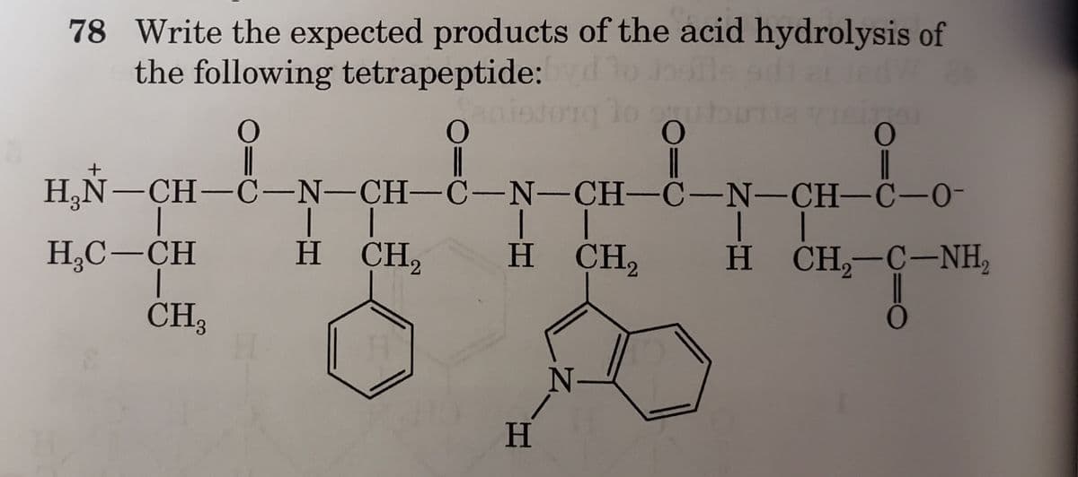 78 Write the expected products of the acid hydrolysis of
the following tetrapeptide: byd to joile sdi at Jad W
Ca
10
O
(701
||
H₂N-CH-C-N-CH-C-N-CH-C-N-CH-C-0-
ENCHEN CHEO
H CH₂
H CH,-C-NH
+
|
H₂C-CH
|
CH₂
T | |
H CH₂
H
N-