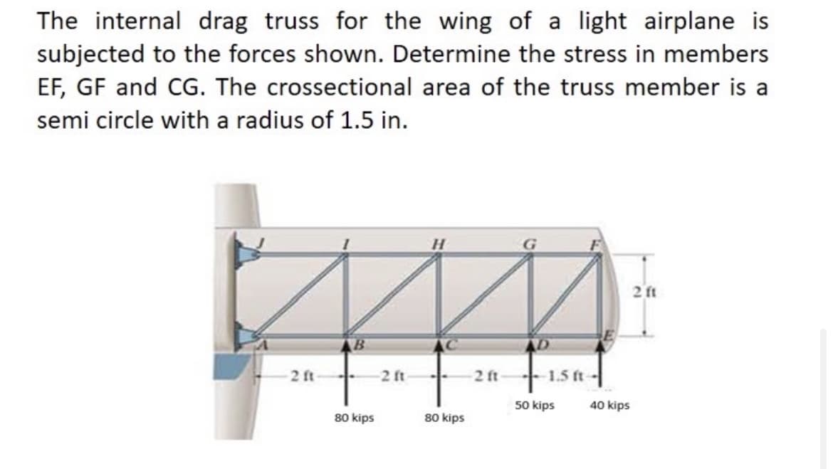 The internal drag truss for the wing of a light airplane is
subjected to the forces shown. Determine the stress in members
EF, GF and CG. The crossectional area of the truss member is a
semi circle with a radius of 1.5 in.
2ft
2ft
2ft
2 ft
1.5 ft-
50 kips
40 kips
80 kips
80 kips
