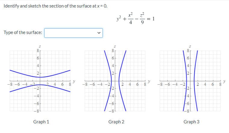 Identify and sketch the section of the surface at x = 0.
4
Type of the surface:
6.
6
4
2
-8 -6 -4
4 6 8
-8 -6 -4 -2
2 4
-8 -6 -4 -2
4.
-4-
8-
Graph 1
Graph 2
Graph 3
2.
4.
2.
2.
4.
6.
2.
>
N
2.
6.
