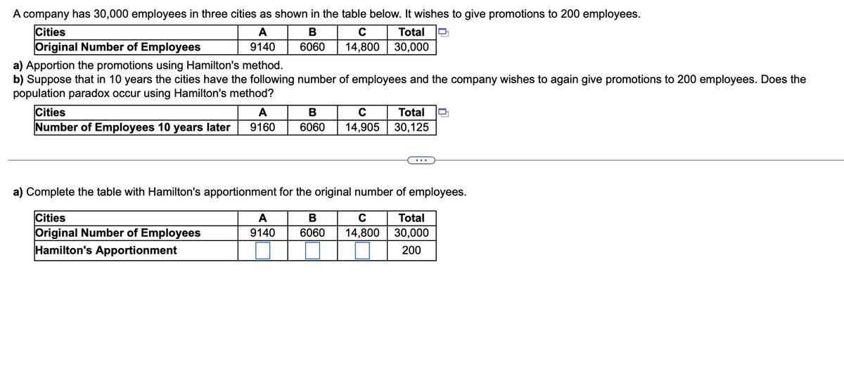 A company has 30,000 employees in three cities as shown in the table below. It wishes to give promotions to 200 employees.
Cities
A
В
Total
Original Number of Employees
9140
6060
14,800 30,000
a) Apportion the promotions using Hamilton's method.
b) Suppose that in 10 years the cities have the following number of employees and the company wishes to again give promotions to 200 employees. Does the
population paradox occur using Hamilton's method?
Cities
Number of Employees 10 years later
A
В
Total
9160
6060
14,905 30,125
a) Complete the table with Hamilton's apportionment for the original number of employees.
Cities
Original Number of Employees
Hamilton's Apportionment
A
В
C
Total
9140
6060
14,800 30,000
200
