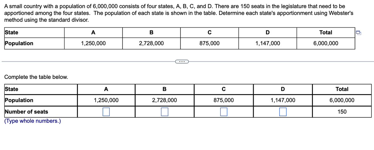 A small country with a population of 6,000,000 consists of four states, A, B, C, and D. There are 150 seats in the legislature that need to be
apportioned among the four states. The population of each state is shown in the table. Determine each state's apportionment using Webster's
method using the standard divisor.
State
A
B
C
D
Total
J
Population
1,250,000
2,728,000
875,000
1,147,000
6,000,000
Complete the table below.
State
Population
Number of seats
(Type whole numbers.)
A
1,250,000
B
2,728,000
C
875,000
D
1,147,000
Total
6,000,000
150