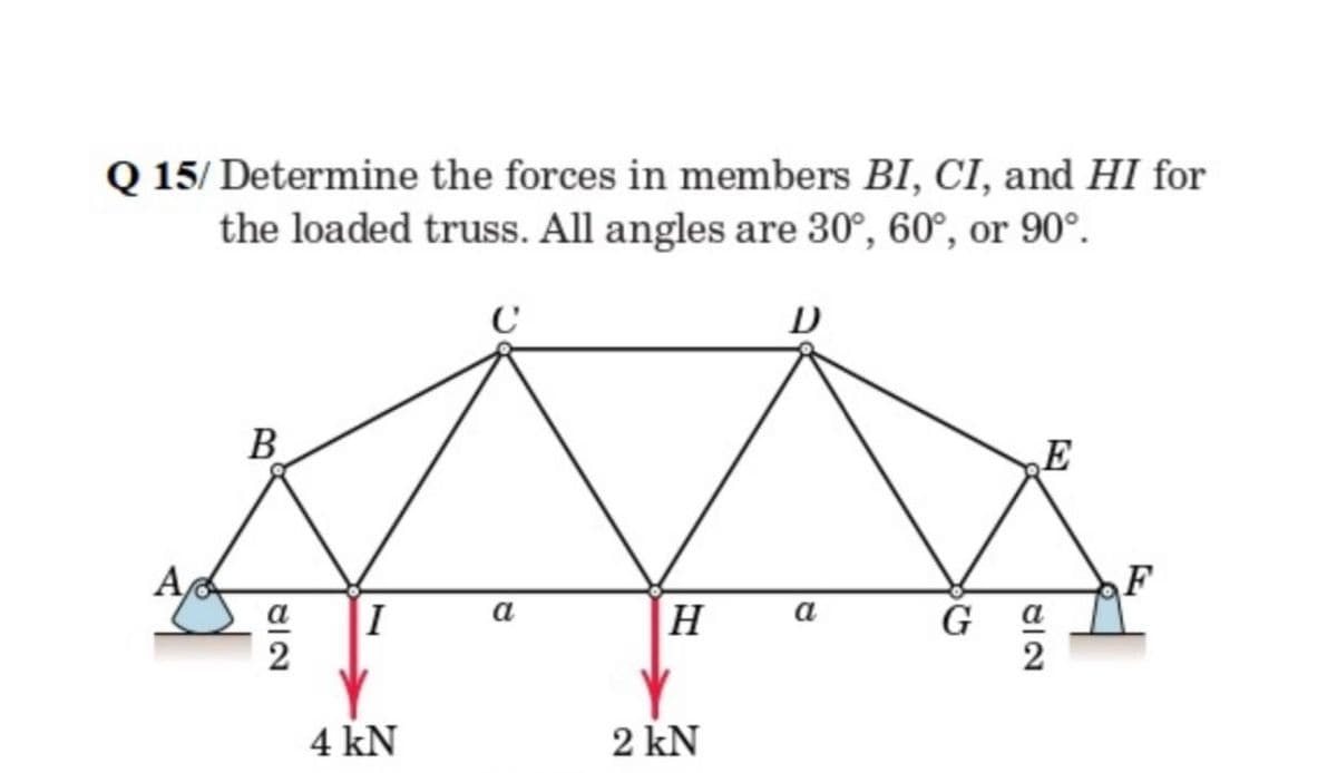 Q 15/ Determine the forces in members BI, CI, and HI for
the loaded truss. All angles are 30°, 60°, or 90°.
D
B
E
A
I
a
H
a
G
2
2
4 kN
2 kN
