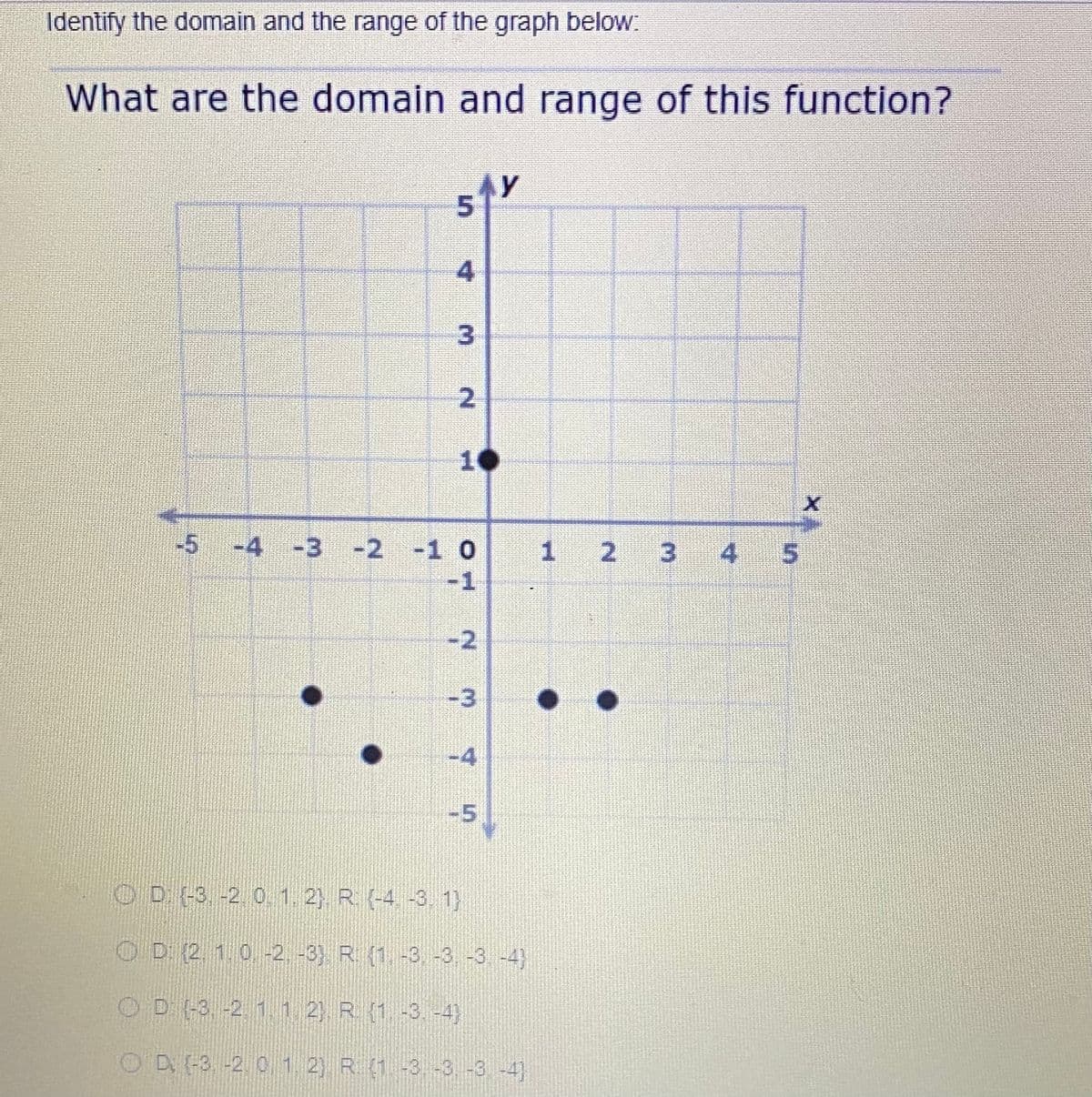 Identify the domain and the range of the graph below:
What are the domain and range of this function?
AY
51
4
2
10
-5 -4 -3 -2 -1 0
1 2
4
5.
-1
-2
-3
-4
-5
O D (-3, -2. 0. 1. 2) R (-4-3. 1)
O D (2. 1. 0 -2. -3), R (1-3.-3. -3 -4)
OD (-3. -2, 1.1, 2) R (1-3.-4)
OD (-3. -2. 1 2) R (1-3 -3 -3-4]
3.
3.
