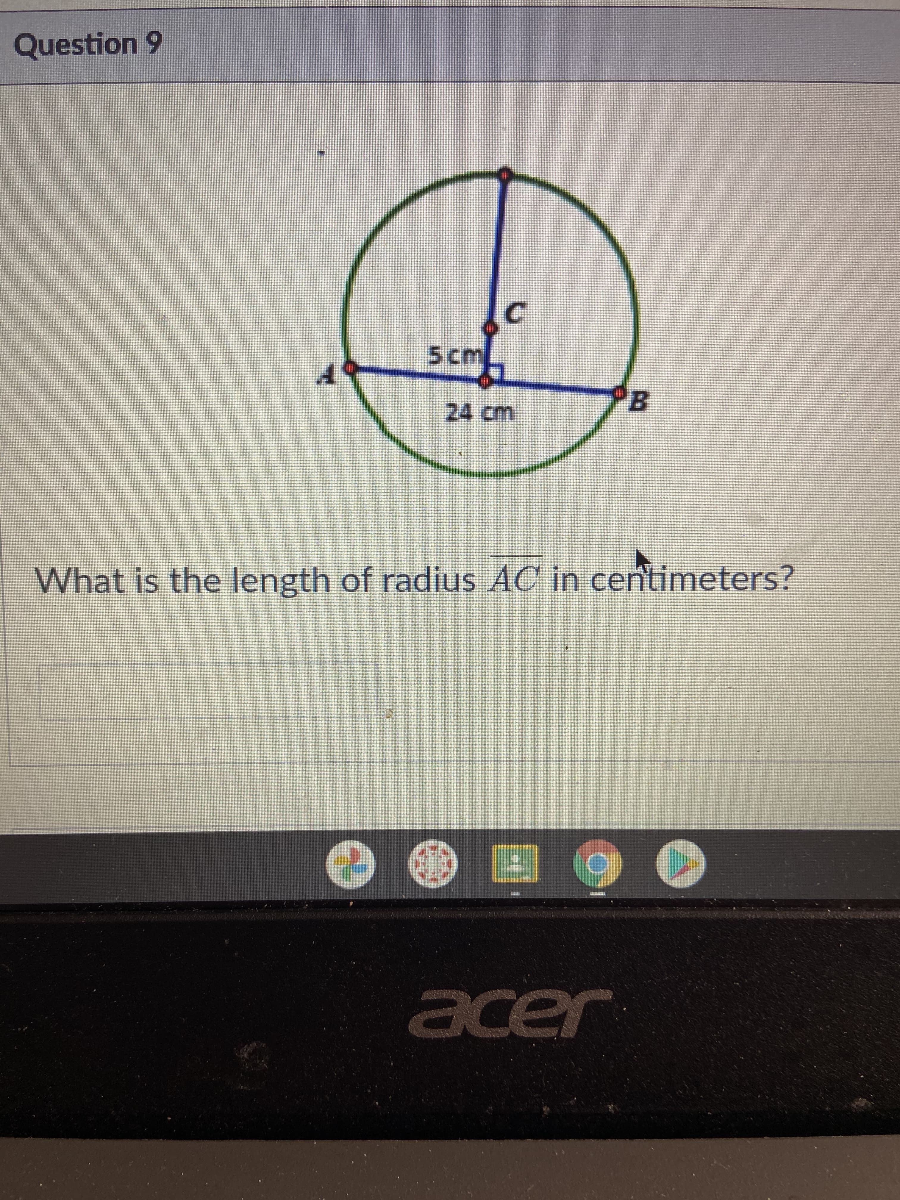 What is the length of radius AC in centimeters?
