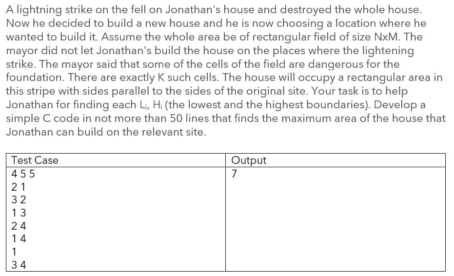A lightning strike on the fell on Jonathan's house and destroyed the whole house.
Now he decided to build a new house and he is now choosing a location where he
wanted to build it. Assume the whole area be of rectangular field of size NxM. The
mayor did not let Jonathan's build the house on the places where the lightening
strike. The mayor said that some of the cells of the field are dangerous for the
foundation. There are exactly K such cells. The house will occupy a rectangular area in
this stripe with sides parallel to the sides of the original site. Your task is to help
Jonathan for finding each Li, H; (the lowest and the highest boundaries). Develop a
simple C code in not more than 50 lines that finds the maximum area of the house that
Jonathan can build on the relevant site.
Test Case
Output
455
7
21
32
13
24
14
1
34
