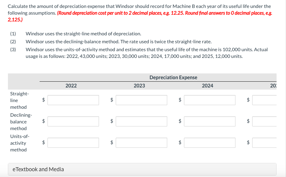 Calculate the amount of depreciation expense that Windsor should record for Machine B each year of its useful life under the
following assumptions. (Round depreciation cost per unit to 2 decimal places, e.g. 12.25. Round final answers to 0 decimal places, e.g.
2,125.)
(1)
Windsor uses the straight-line method of depreciation.
(2)
Windsor uses the declining-balance method. The rate used is twice the straight-line rate.
(3)
Windsor uses the units-of-activity method and estimates that the useful life of the machine is 102,000 units. Actual
usage is as follows: 2022, 43,000 units; 2023, 30,000 units; 2024, 17,000 units; and 2025, 12,000 units.
Depreciation Expense
2022
2023
2024
20:
Straight-
line
method
Declining-
$
balance
$
method
Units-of-
activity
$
$
method
eTextbook and Media
%24
%24
%24
%24
%24
%24
%24
%24
%24
%24
%24
%24
