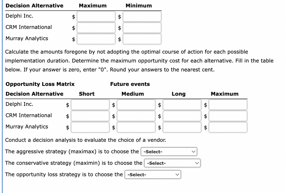 Decision Alternative
Delphi Inc.
CRM International
Murray Analytics
$
Opportunity Loss Matrix
Decision Alternative
Delphi Inc.
CRM International
Murray Analytics
$
$
Maximum
tA
Short
tA
Calculate the amounts foregone by not adopting the optimal course of action for each possible
implementation duration. Determine the maximum opportunity cost for each alternative. Fill in the table
below. If your answer is zero, enter "0". Round your answers to the nearest cent.
A
Minimum
Future events
Medium
$
Conduct a decision analysis to evaluate the choice of a vendor.
The aggressive strategy (maximax) is to choose the -Select-
The conservative strategy (maximin) is to choose the -Select-
The opportunity loss strategy is to choose the -Select-
Long
$
$
$
Maximum