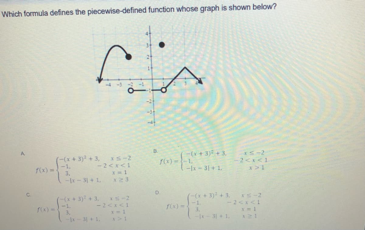 Which formula defines the piecewise-defined function whose graph is shown below?
-3
-2
-2+
-31
A.
B.
-(x + 3) +3,
IS-2
-2<x<1
(-(x+3)² +3,
-1,
3,
-Ix-31+ 1,
f(x) =-1,
- 2<x<1
x = 1
x23
f(x) =
-Ix-31+ 1,
C.
D.
(-(x+3)+3,
(-(*+3)²+3,
|-1,
f(x) =-1,
3,
- 2<x<1
x = 1
- 2<x<1
X = 1
f(x) =
3.
-x-31+ 1,
x>1
-x- 3| + 1,
121
