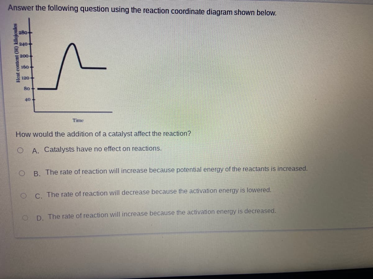 Answer the following question using the reaction coordinate diagram shown below.
280
240+
200
160
120+
80
40
Time
How would the addition of a catalyst affect the reaction?
A. Catalysts have no effect on reactions.
B. The rate of reaction will increase because potential energy of the reactants is increased.
C The rate of reaction will decrease because the activation energy is lowered.
D. The rate of reaction will increase because the activation energy is decreased.
Heat content (H) kilojoules
