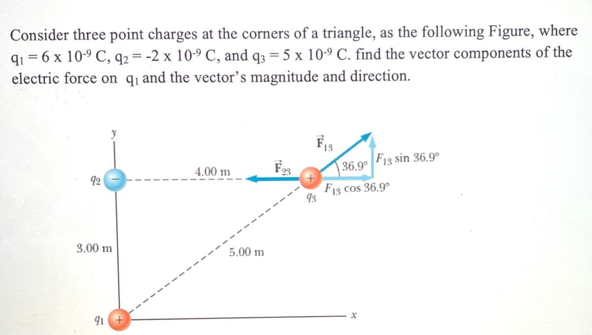 Consider three point charges at the corners of a triangle, as the following Figure, where
q1 = 6 x 10-9 C, q2 = -2 x 10-9 C, and q3 = 5 x 10-9 C. find the vector components of the
electric force on qq and the vector’s magnitude and direction.
%3D
F13
F13 sin 36.9°
4.00 m
36.9°
92
F13 cos 36.9°
93
3.00 m
5.00 m
91 +
