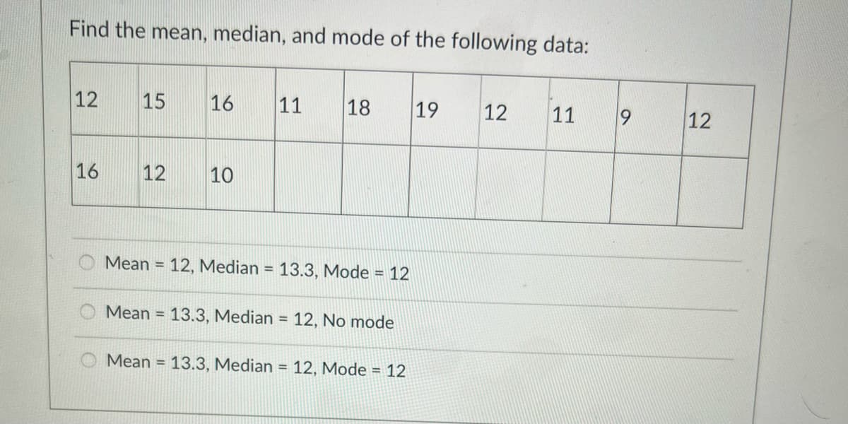 Find the mean, median, and mode of the following data:
12
15
16
11
18
19
12
11
12
16
12
10
Mean = 12, Median = 13.3, Mode = 12
%3D
%3D
Mean = 13.3, Median = 12, No mode
%3!
Mean = 13.3, Median = 12, Mode = 12
