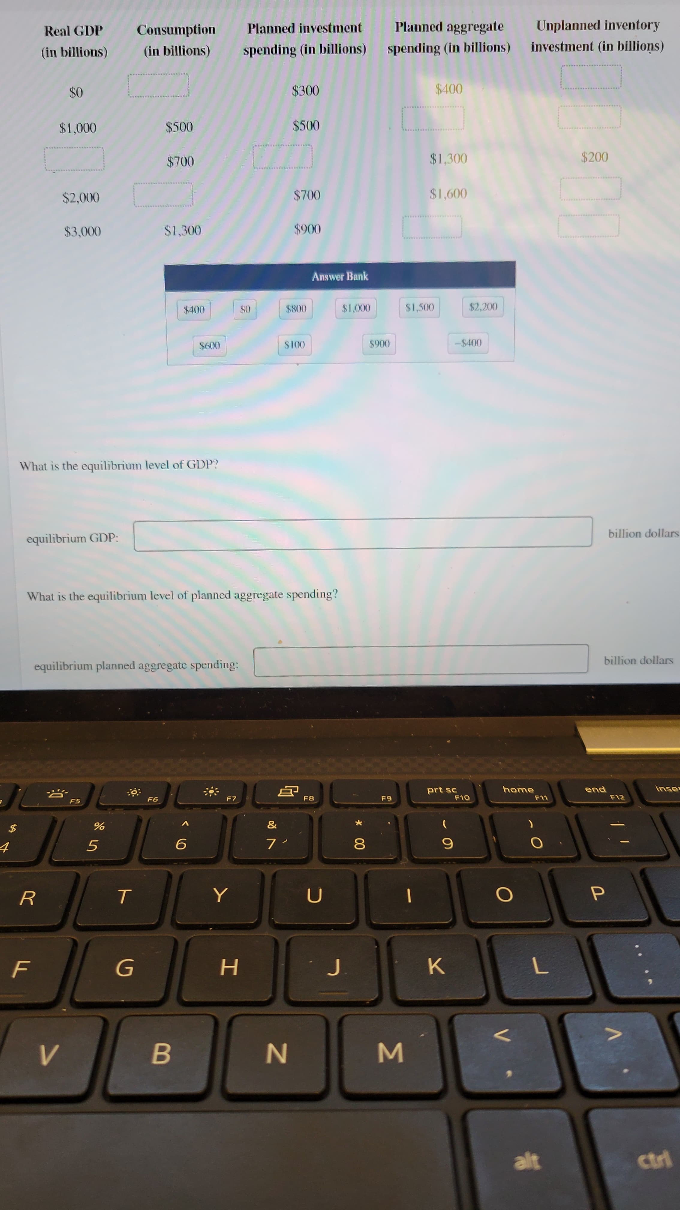 Σ
* 00
エ
Real GDP
Consumption
Planned investment
Planned aggregate
Unplanned inventory
(in billions)
(in billions)
spending (in billions)
spending (in billions)
investment (in billions)
$300
$400
$1,300
$700
00 00
009 I$
$1,300
000
006$
Answer Bank
$1,500
$2,200
$100
-%24400
0062$
What is the equilibrium level of GDP?
equilibrium GDP:
billion dollars
What is the equilibrium level of planned aggregate spending?
equilibrium planned aggregate spending:
billion dollars
prt sc
home
end
inser
F5
F7
F8
O日
日
V
%
2$
4.
9
H.
B.
N
alt
1413
