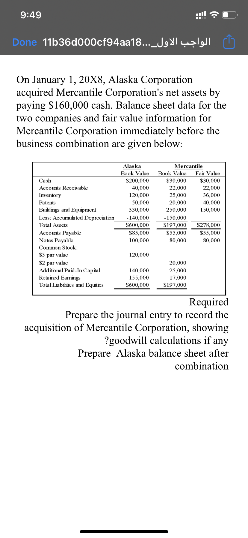 9:49
Done 11b36d000cf94aa18..._J
On January 1, 20X8, Alaska Corporation
acquired Mercantile Corporation's net assets by
paying $160,000 cash. Balance sheet data for the
two companies and fair value information for
Mercantile Corporation immediately before the
business combination are given below:
Alaska
Mercantile
Book Value
Book Value
Fair Value
Cash
$200,000
$30,000
$30,000
Accounts Receivable
40,000
22,000
22,000
Inventory
120,000
25,000
36,000
Patents
50,000
20,000
40,000
Buildings and Equipment
330,000
250,000
150,000
Less: Accumulated Depreciation
-140,000
-150,000
Total Assets
$600,000
$197,000
$278,000
Accounts Payable
Notes Payable
S85,000
$55,000
$55,000
100,000
80,000
80,000
Common Stock:
$5 par value
$2 par value
Additional Paid-In Capital
Retained Earnings
Total Liabilities and Equities
120,000
20,000
140,000
25,000
155,000
$600,000
17,000
S197,000
Required
Prepare the journal entry to record the
acquisition of Mercantile Corporation, showing
?goodwill calculations if any
Prepare Alaska balance sheet after
combination
