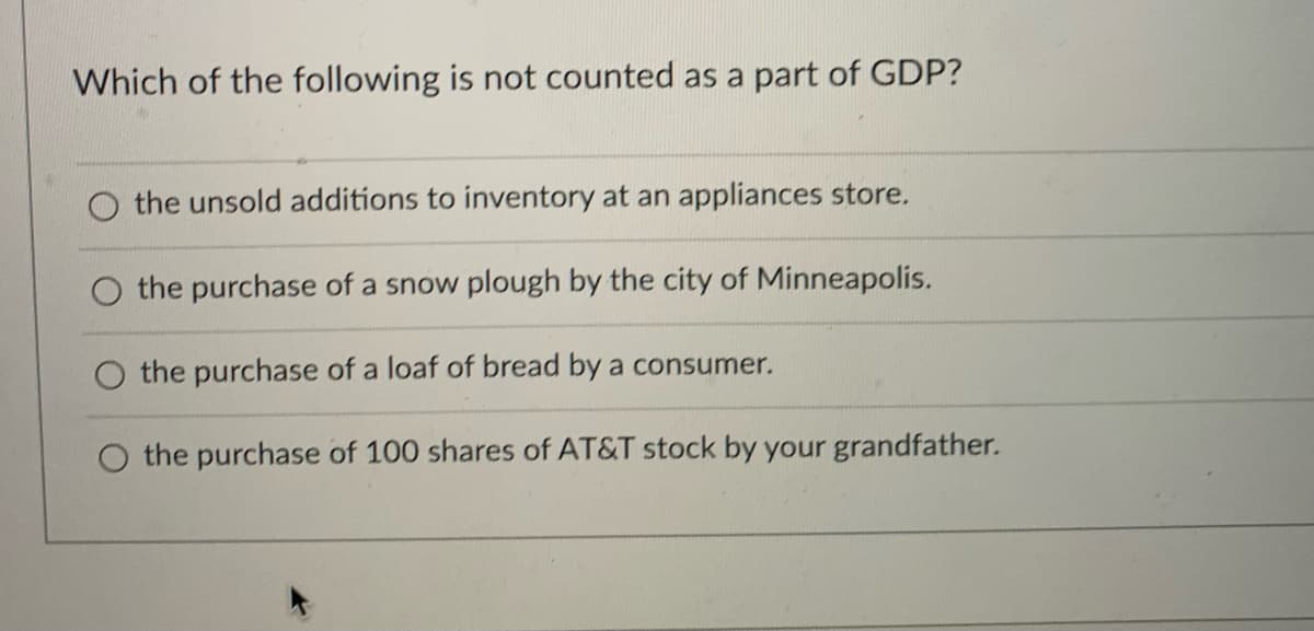 Which of the following is not counted as a part of GDP?
O the unsold additions to inventory at an appliances store.
the purchase of a snow plough by the city of Minneapolis.
the purchase of a loaf of bread by a consumer.
the purchase of 100 shares of AT&T stock by your grandfather.
