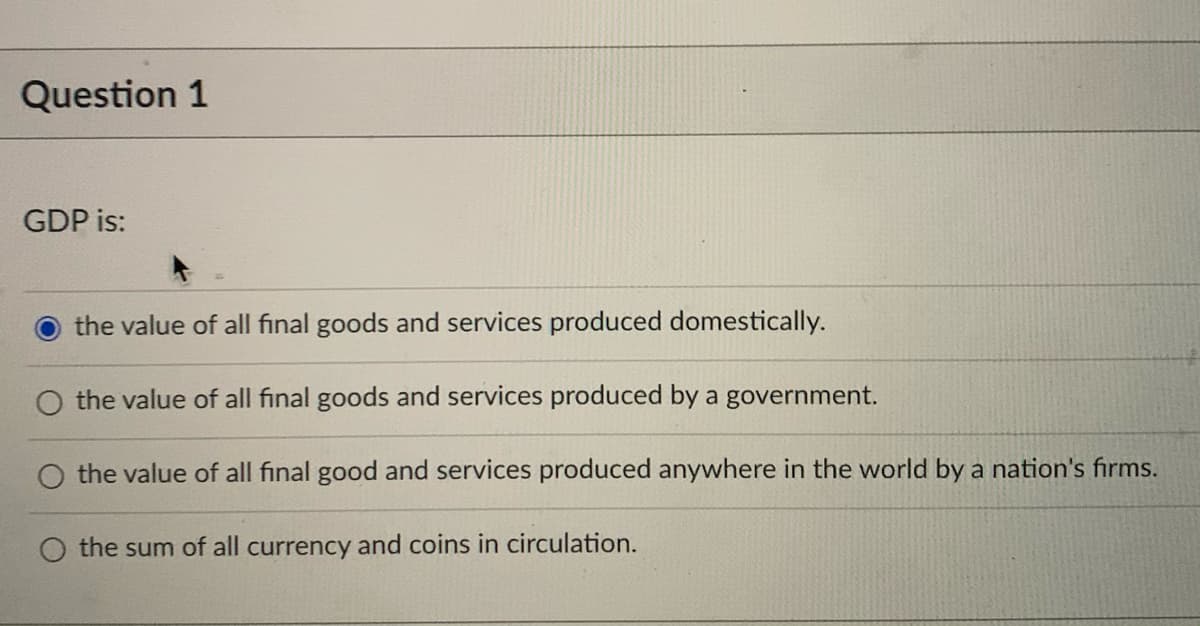 Question 1
GDP is:
the value of all final goods and services produced domestically.
the value of all final goods and services produced by a government.
the value of all final good and services produced anywhere in the world by a nation's firms.
O the sum of all currency and coins in circulation.
