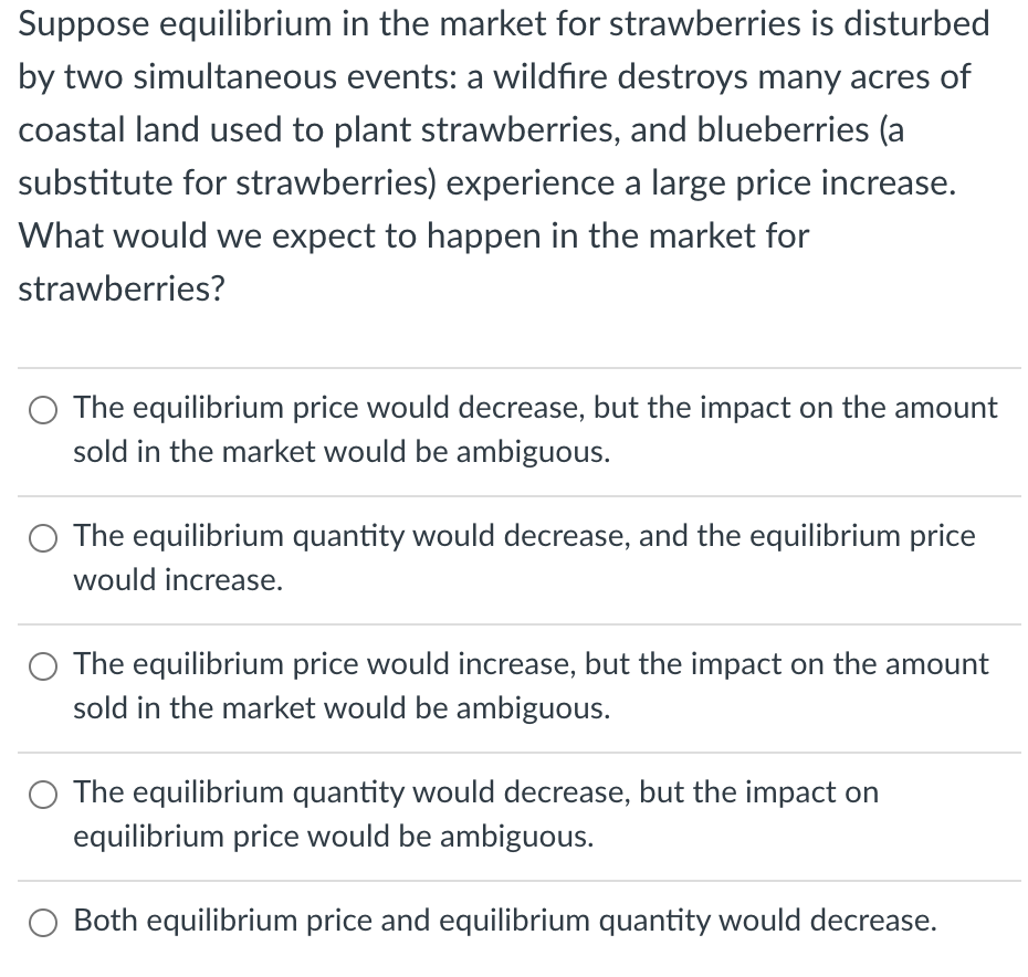 Suppose equilibrium in the market for strawberries is disturbed
by two simultaneous events: a wildfıre destroys many acres of
coastal land used to plant strawberries, and blueberries (a
substitute for strawberries) experience a large price increase.
What would we expect to happen in the market for
strawberries?
The equilibrium price would decrease, but the impact on the amount
sold in the market would be ambiguous.
The equilibrium quantity would decrease, and the equilibrium price
would increase.
O The equilibrium price would increase, but the impact on the amount
sold in the market would be ambiguous.
The equilibrium quantity would decrease, but the impact on
equilibrium price would be ambiguous.
Both equilibrium price and equilibrium quantity would decrease.
