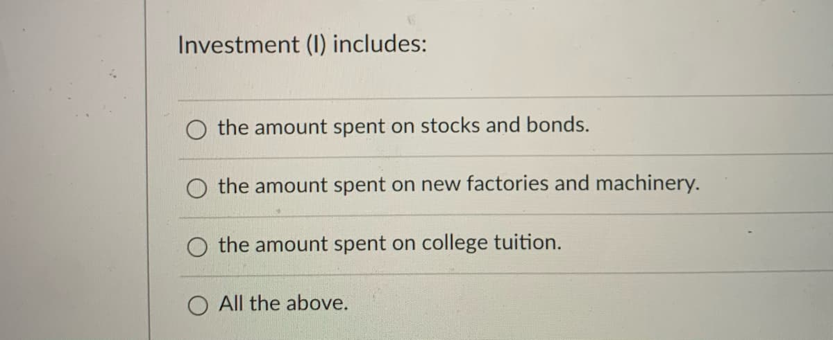 Investment (I) includes:
the amount spent on stocks and bonds.
the amount spent on new factories and machinery.
O the amount spent on college tuition.
O All the above.
