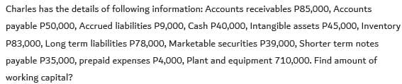 Charles has the details of following information: Accounts receivables P85,000, Accounts
payable P50,000, Accrued liabilities P9,000, Cash P40,000, Intangible assets P45,000, Inventory
P83,000, Long term liabilities P78,000, Marketable securities P39,000, Shorter term notes
payable P35,000, prepaid expenses P4,000, Plant and equipment 710,000. Find amount of
working capital?